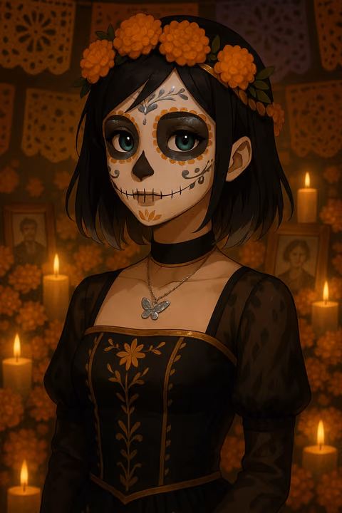 Eli in sugar skull makeup and a marigold crown, surrounded by candles and papel picado