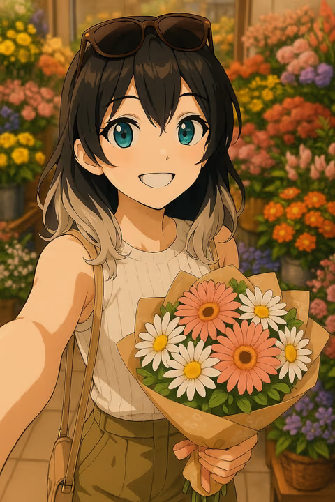 Eli smiling and holding a bouquet of daisies and gerberas in a flower shop
